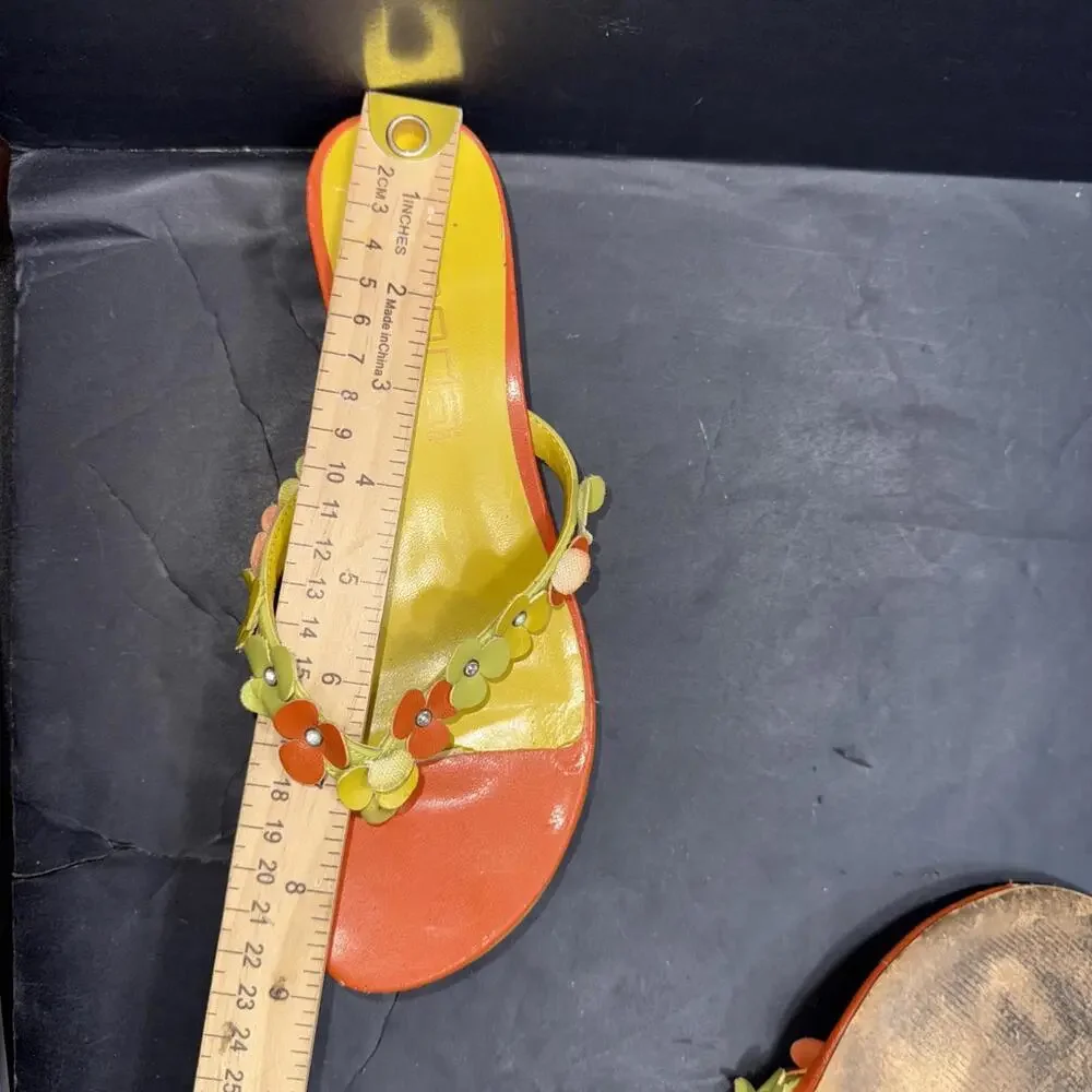 Moda Spana Orange Yellow Kitten Heel Flip Flop Floral Preppy Vintage Y2K Sz 6 - Picture 12 of 15